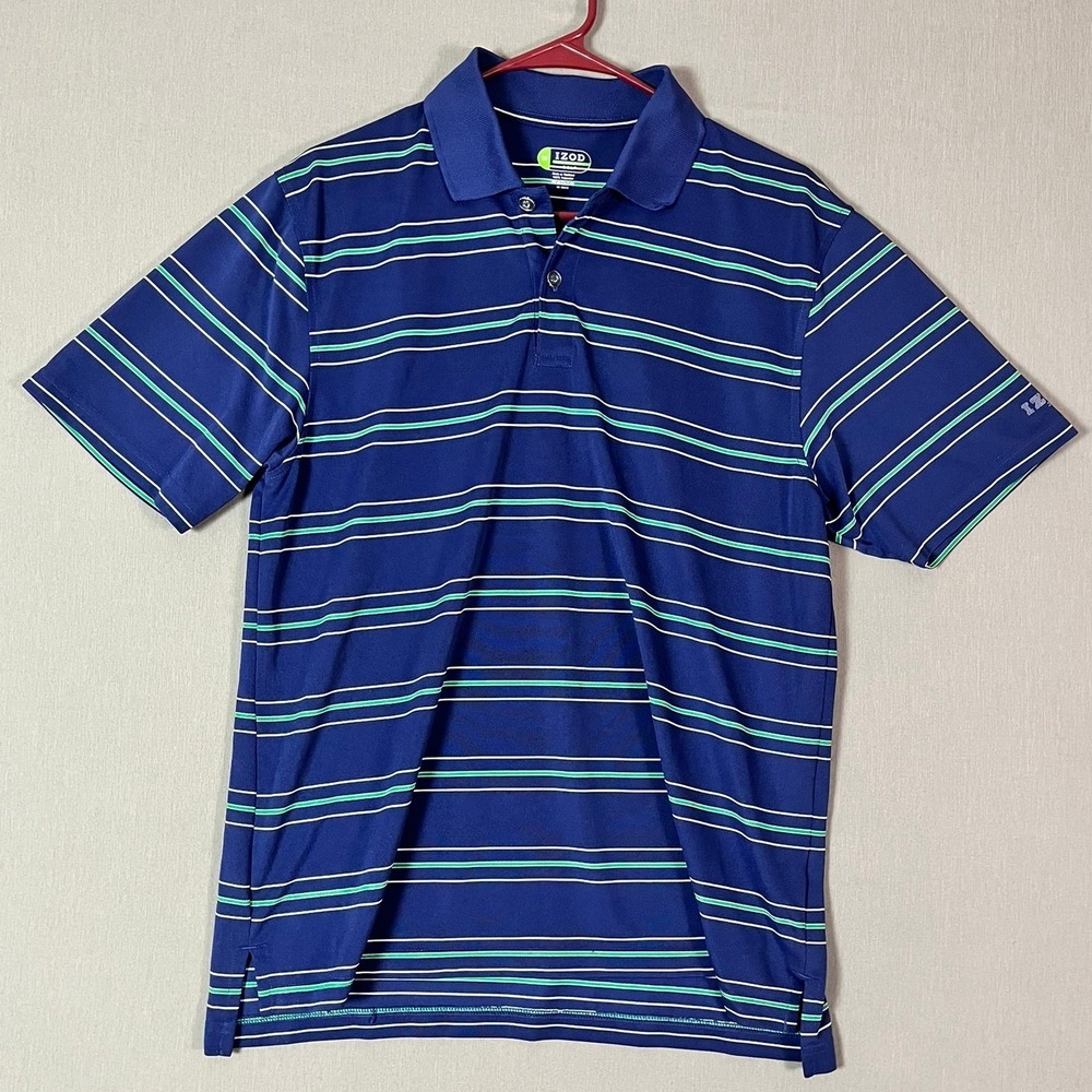 IZOD Golf X-Treme Function Polo Shirt Medium Polyester Striped Blue EUC